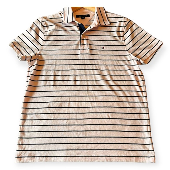 Tommy Hilfiger Men’s Polo Pink with Navy Stripes Size Small - Picture 2 of 10